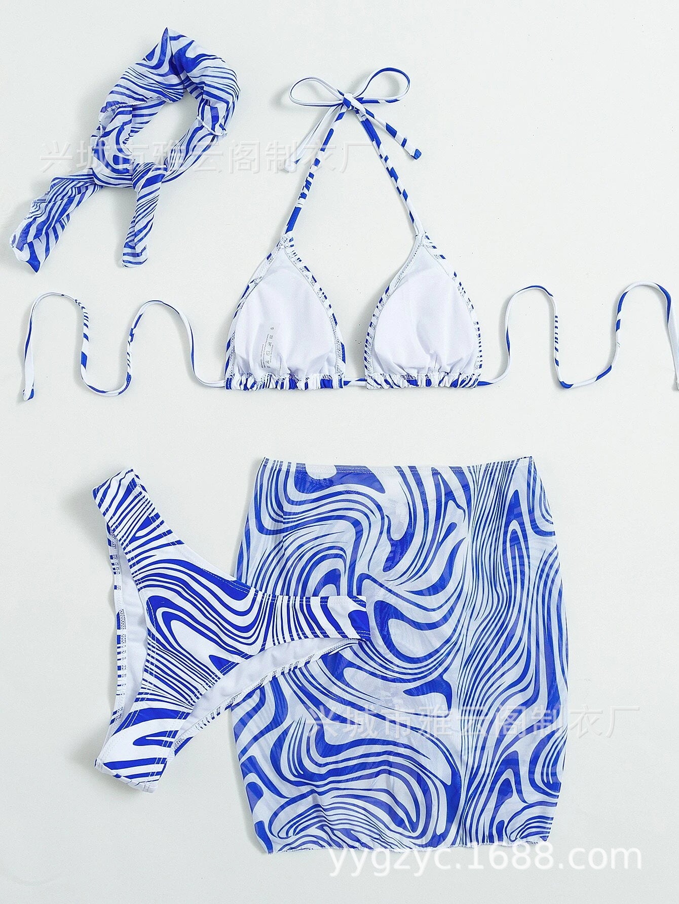 Swirl Print Triangle Bikini & Ruched Mini Skirt Set
