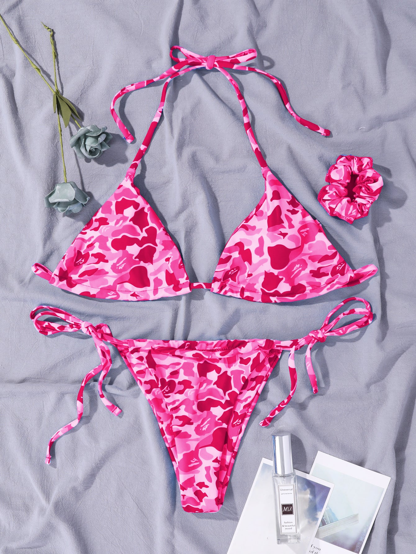 Camo Ruched Tie-Side Bikini Set