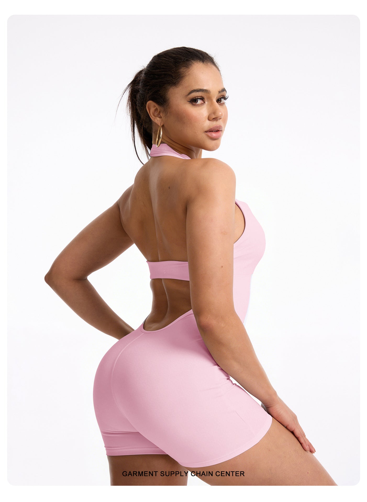 Lila Zen Lace-Trim Halter Open-Back Sculpt Romper