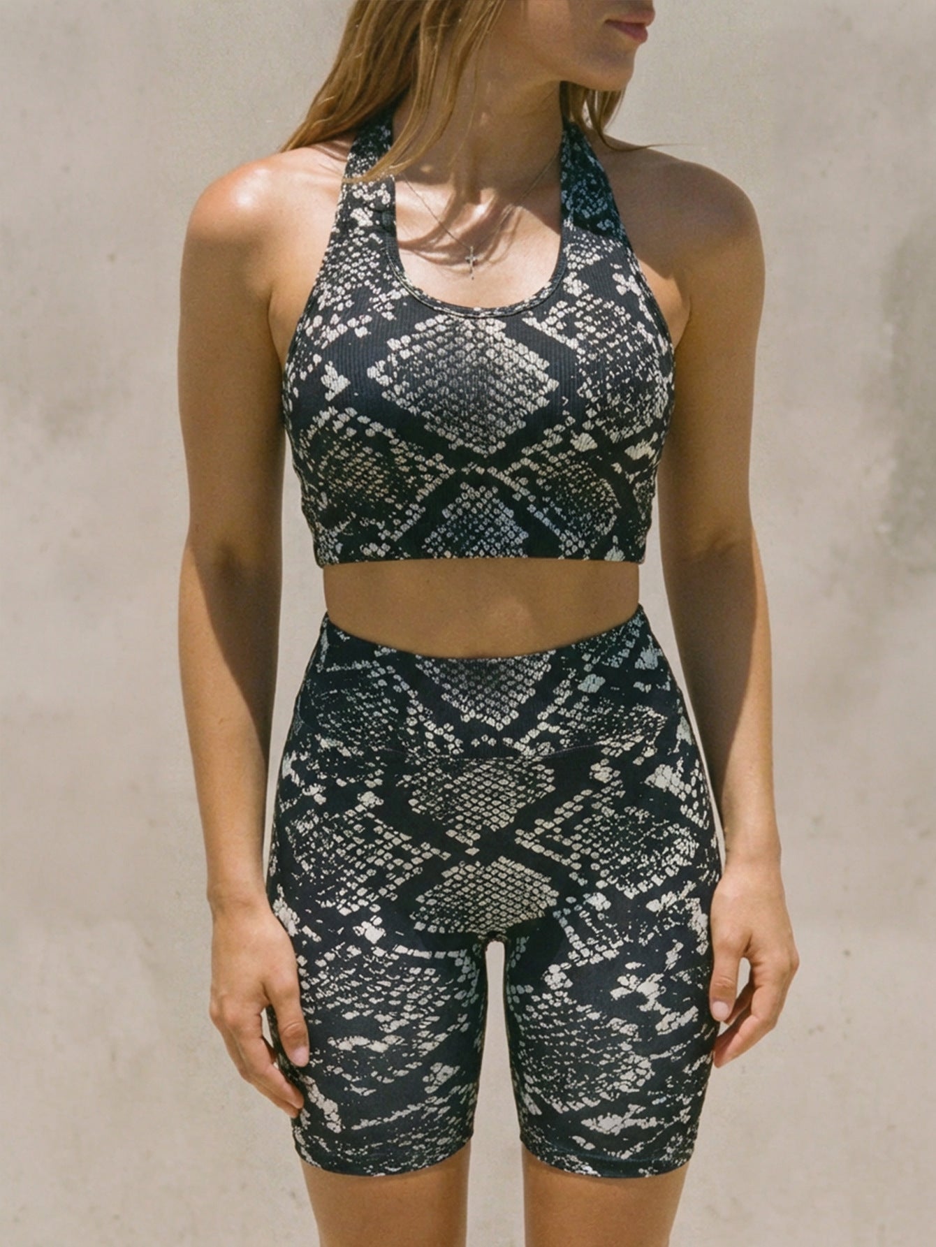 Lila Zen Snake Print Halter Sports Bra & High-Waist Biker Shorts Set