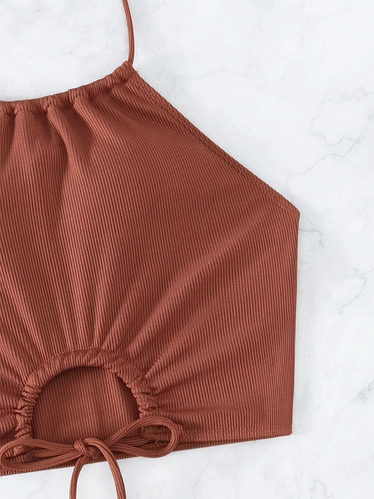 Ribbed Ring-Detail Halter Tankini & Ruched Shorts Set