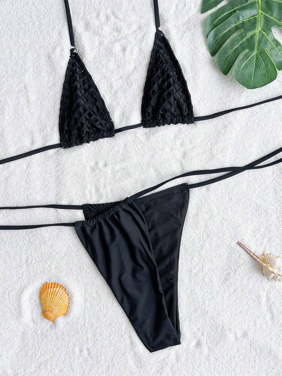 Lila Zen Crochet Triangle Bikini Set with Side-Tie Mesh Skirt