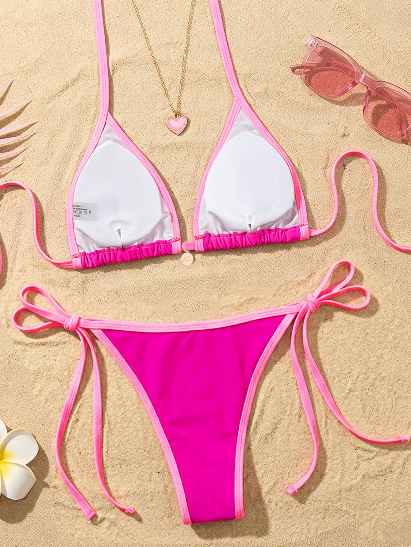 Lila Zen Contrast Trim Triangle Tie-Side Bikini Set