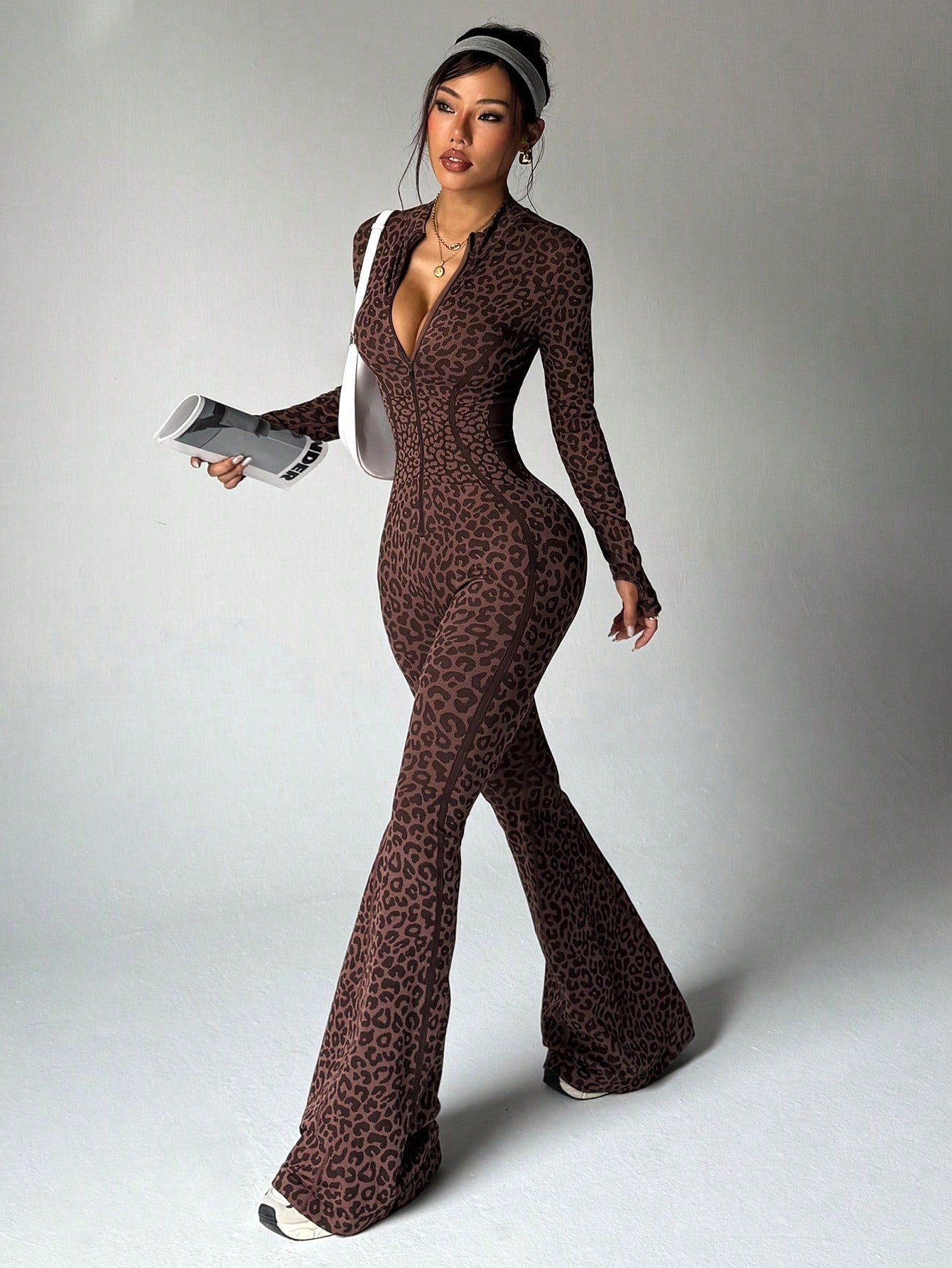Lila Zen WildForm Leopard Zip-Front Sculpting Flared Jumpsuit