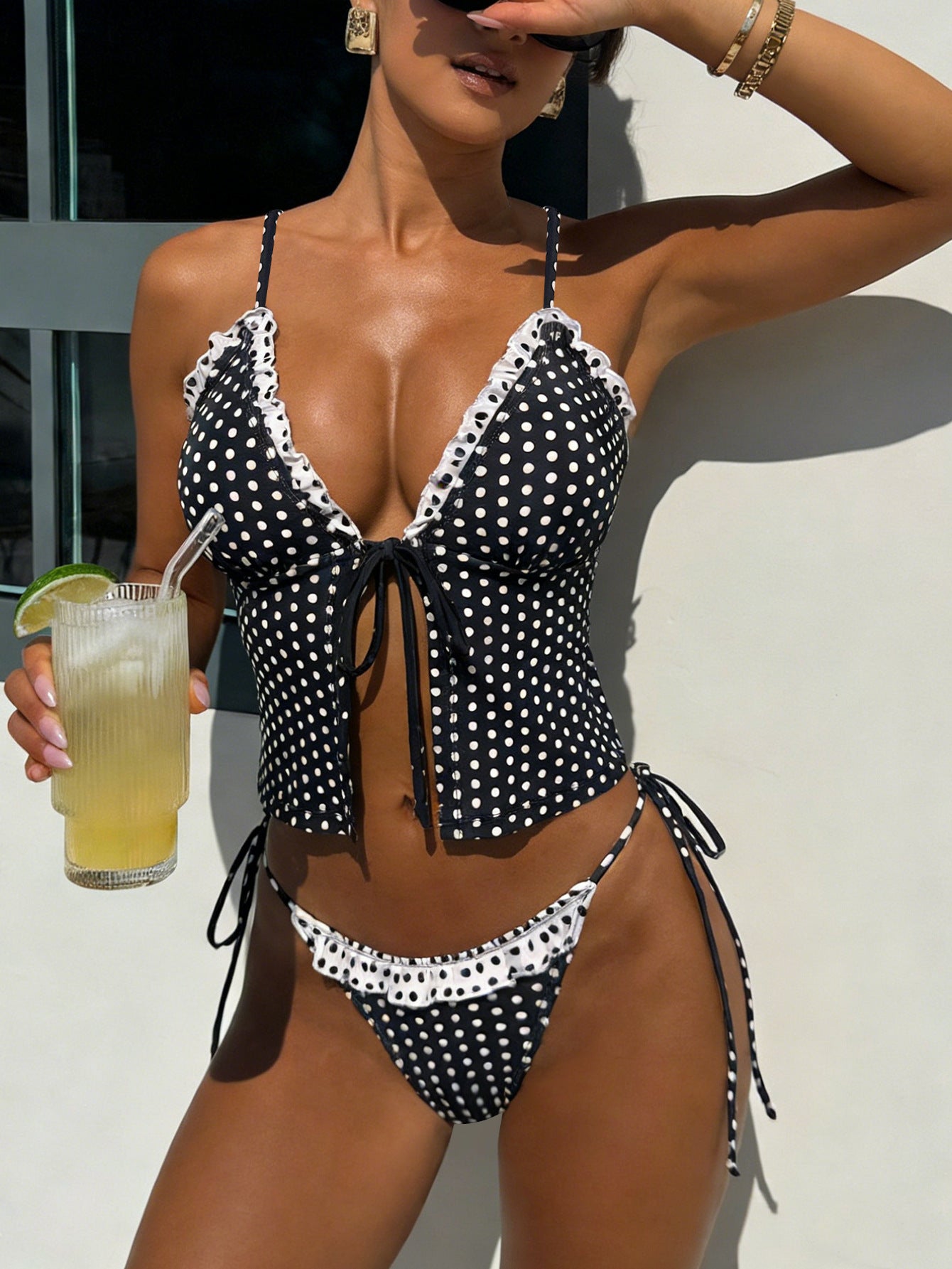 Polka Dot Ruffle Tie-Front Tankini Set
