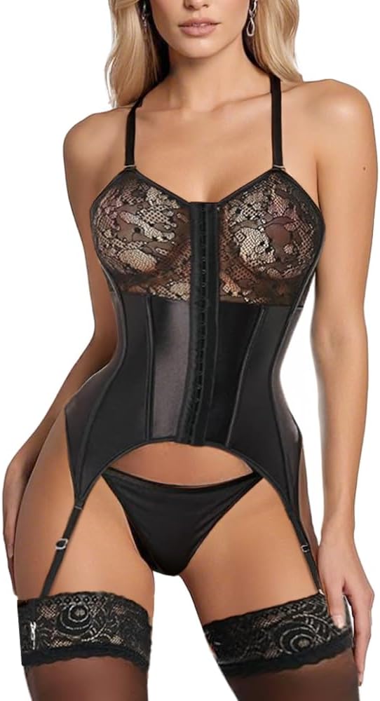 Lila Zen Adjustable Sexy Lace Patent Leather Camisole Lingerie Set