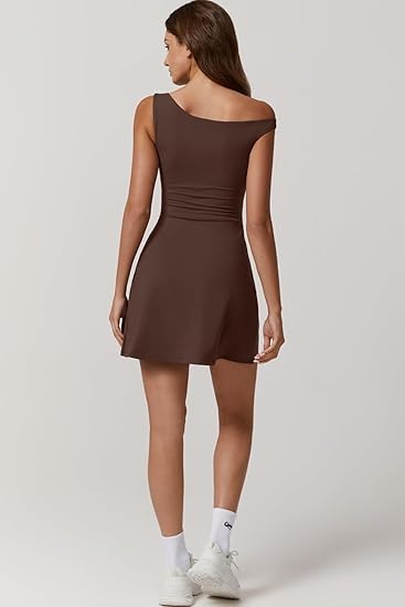 Lila Zen Women's One-Shoulder Sleeveless Tennis Dress with Built-in Shorts and Pockets