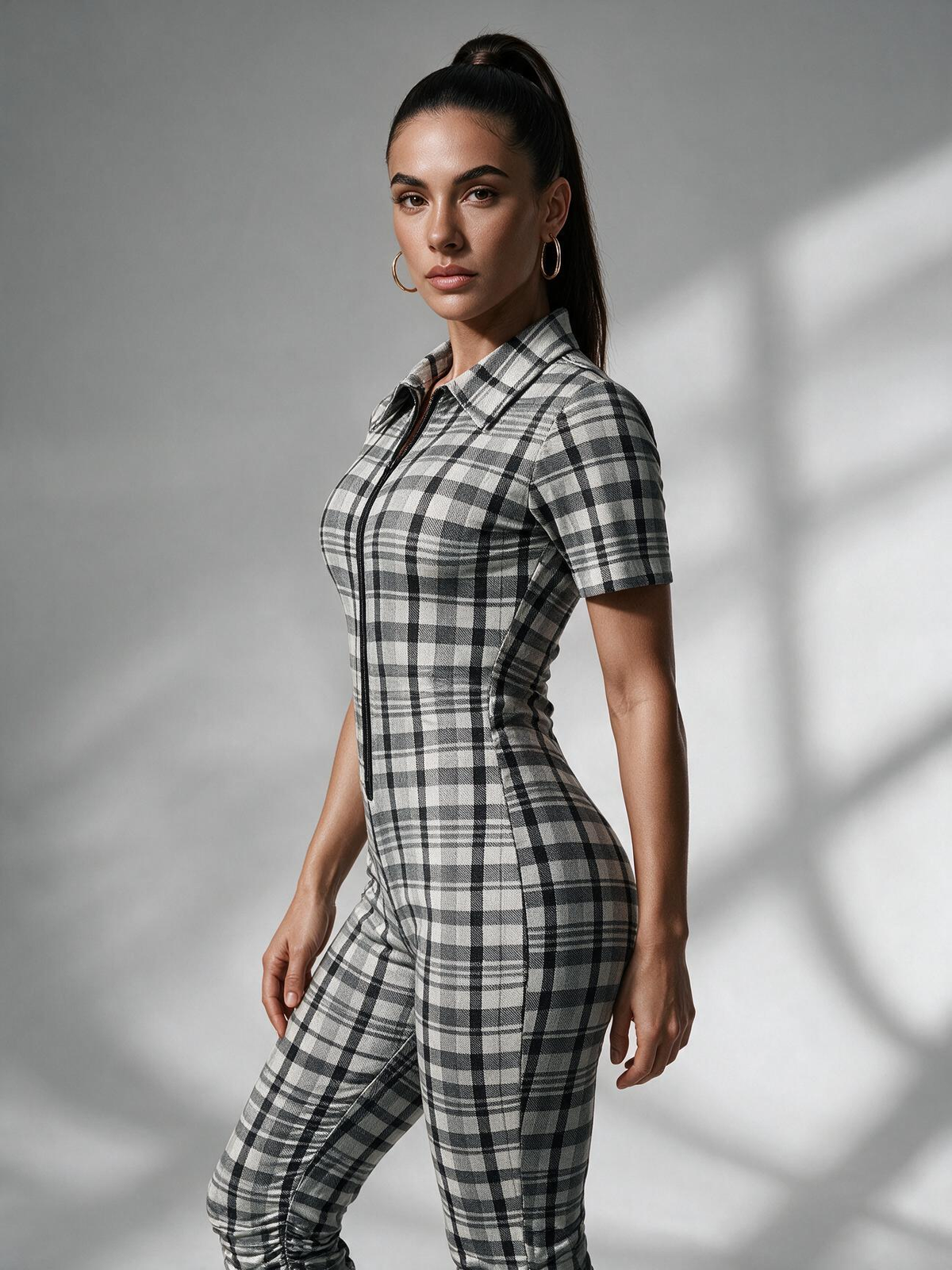 Collared Plaid Zipper Long Sleeve Bodycon Jumpsuit