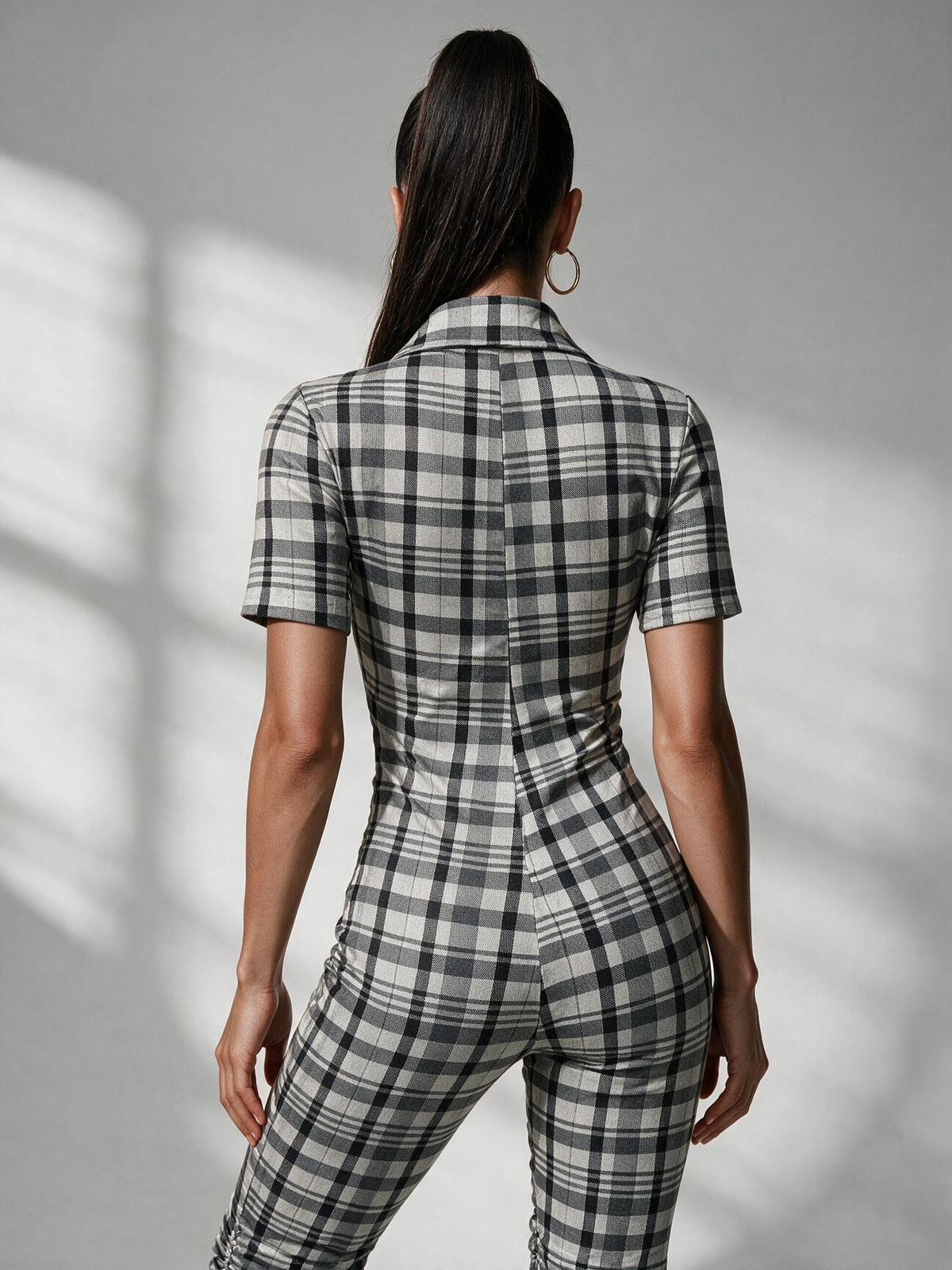 Collared Plaid Zipper Long Sleeve Bodycon Jumpsuit