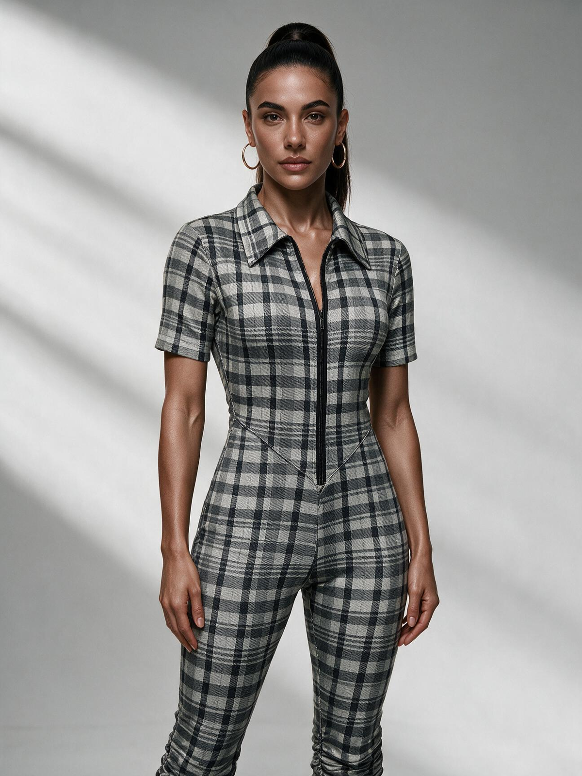Collared Plaid Zipper Long Sleeve Bodycon Jumpsuit
