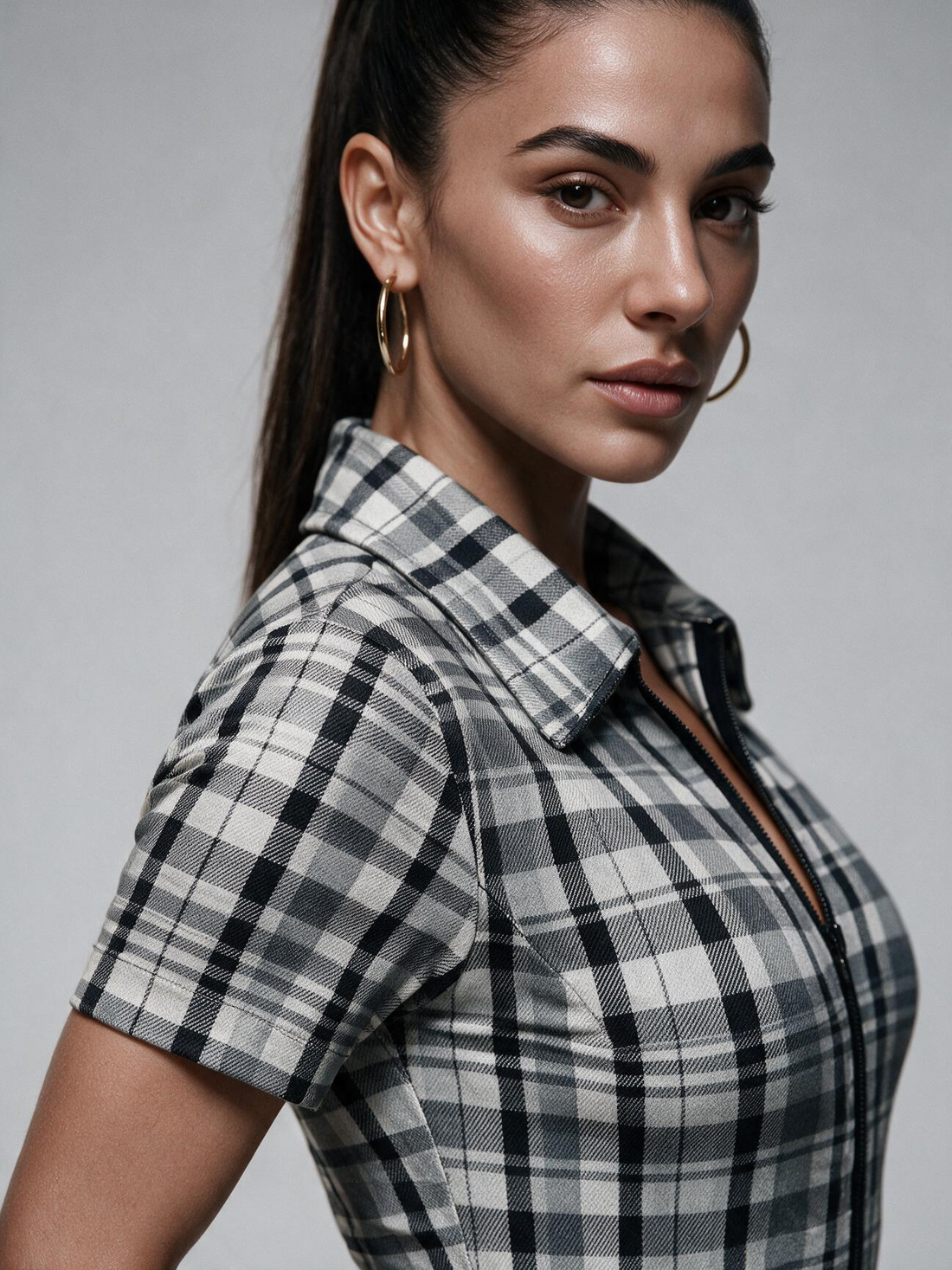 Collared Plaid Zipper Long Sleeve Bodycon Jumpsuit