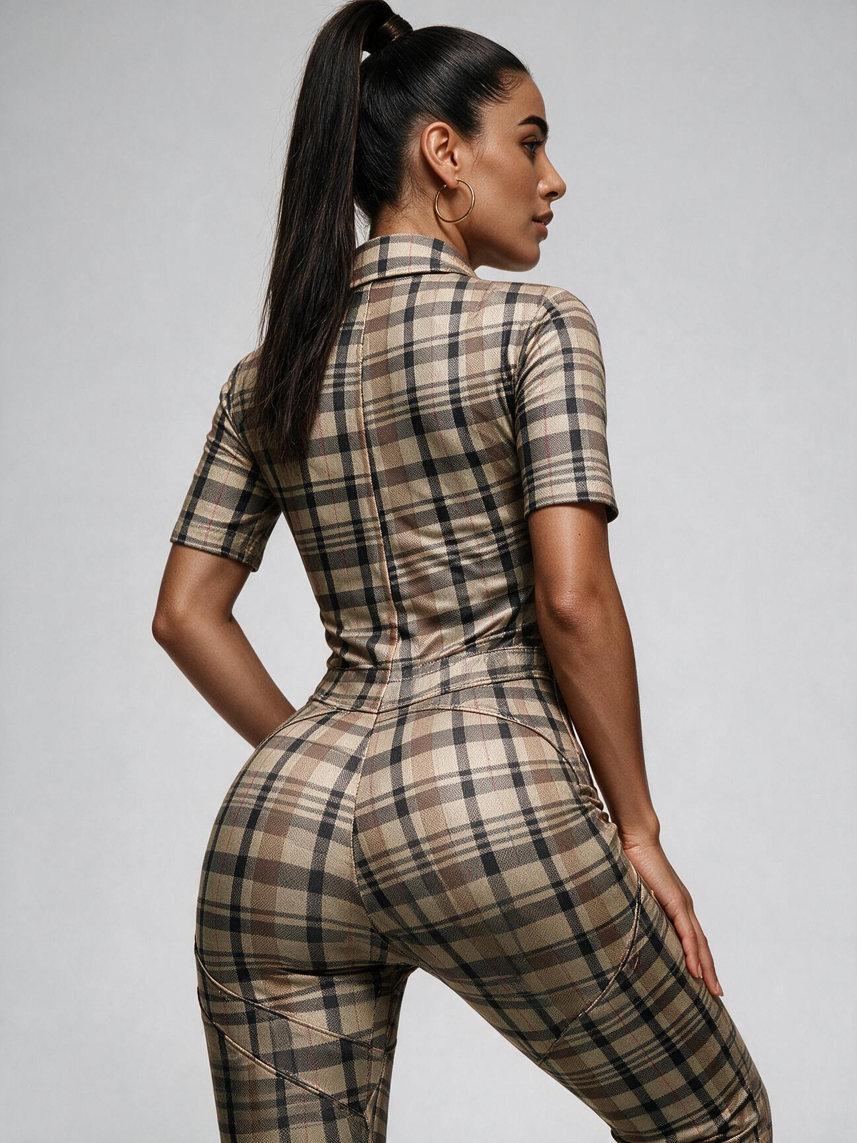 Collared Plaid Zipper Long Sleeve Bodycon Jumpsuit