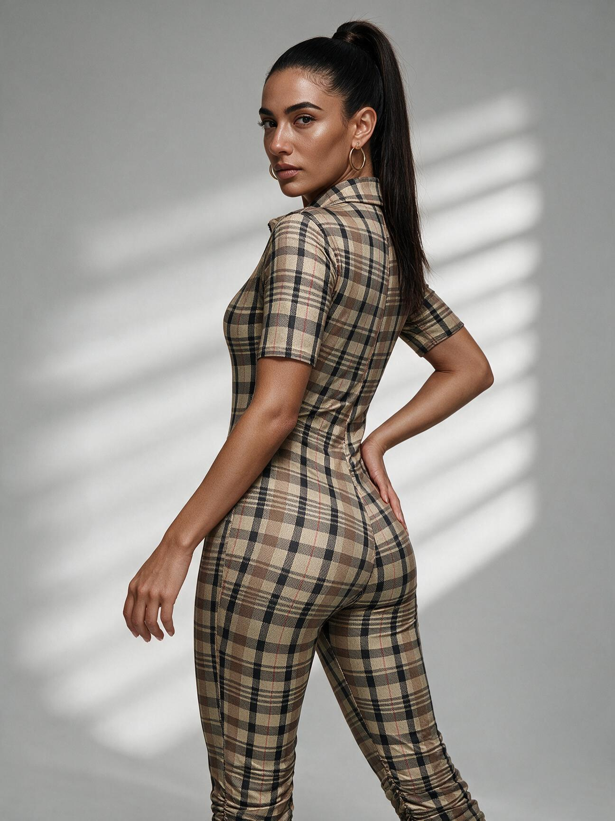 Collared Plaid Zipper Long Sleeve Bodycon Jumpsuit