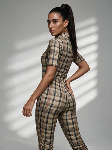 Collared Plaid Zipper Long Sleeve Bodycon Jumpsuit