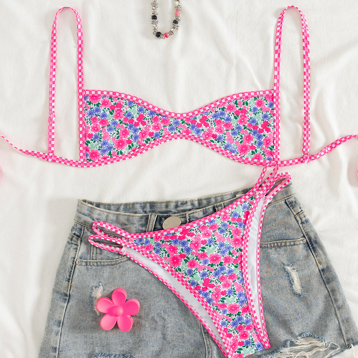Lila Zen Vintage Print Scoop-Neck Double-Strap Bikini Set