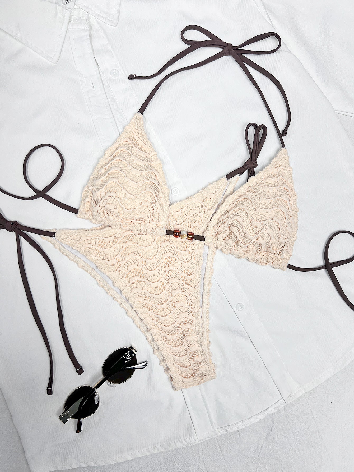 Crochet Texture Triangle Tie Side Bikini Set