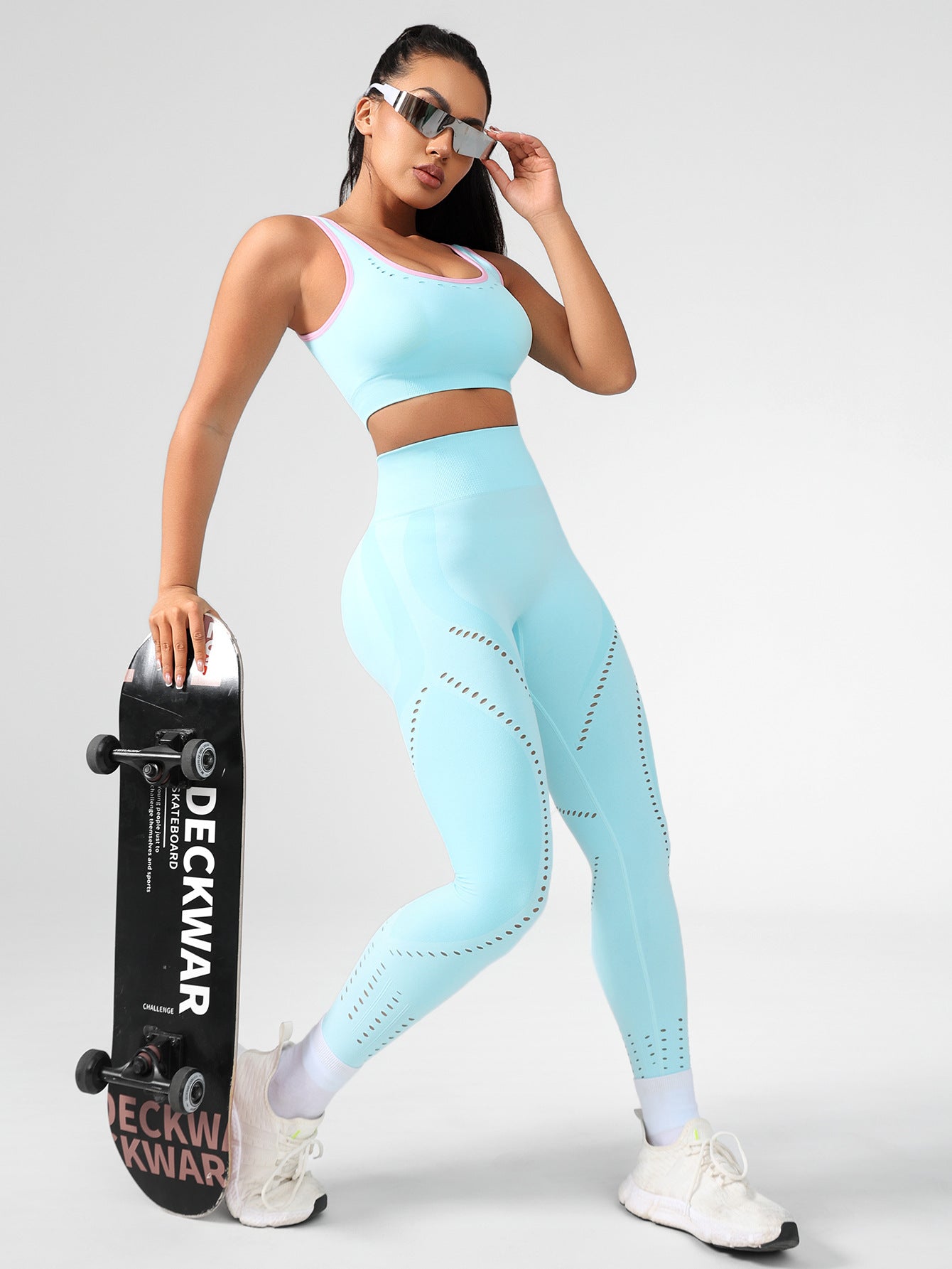 Lila Zen Contrast Trim Laser Cut-Out Sports Bra & High-Waist Leggings Set