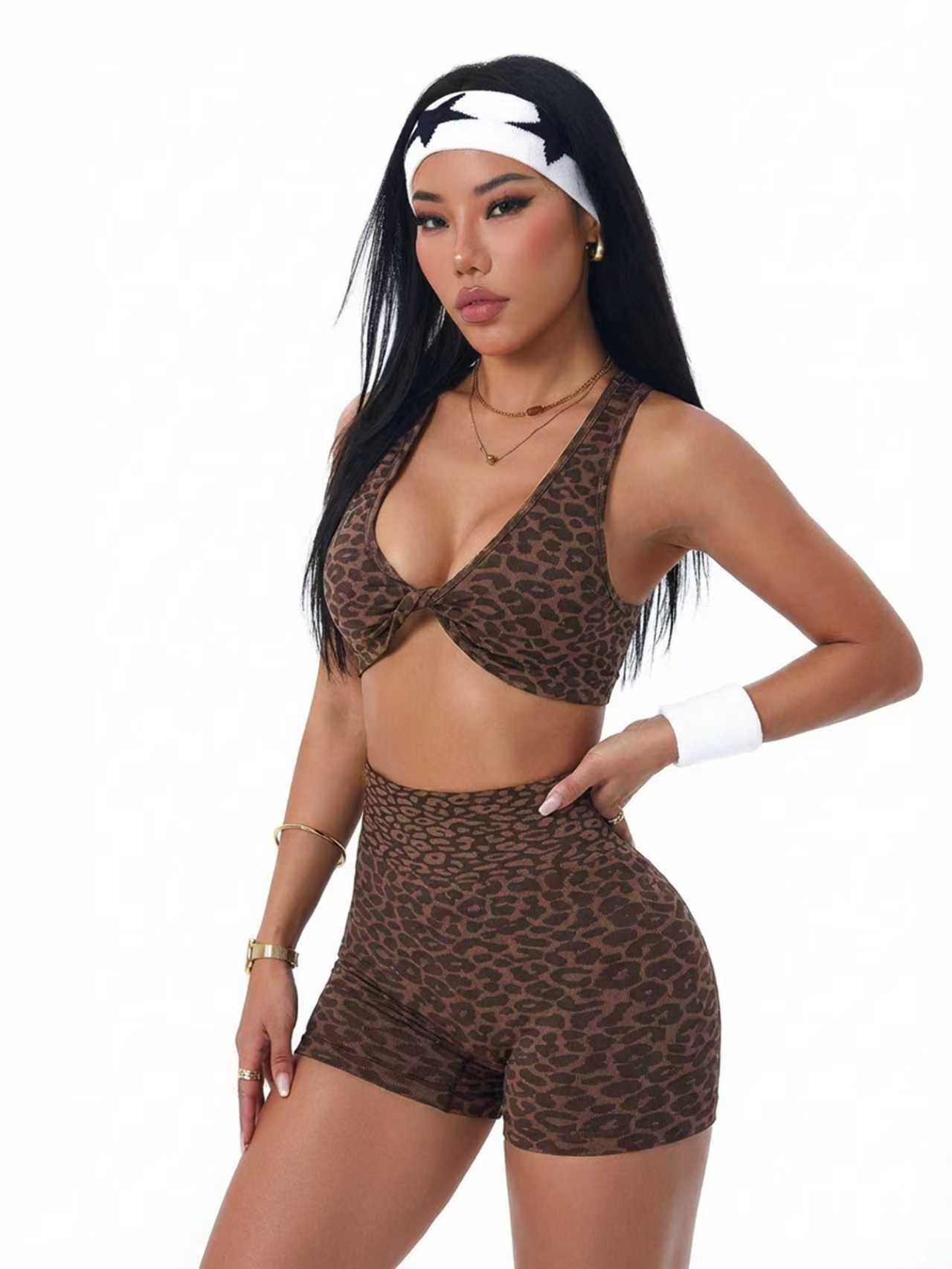 Lila Zen Leopard Twist-Front Crossback Sports Bra & High-Waisted Shorts Set
