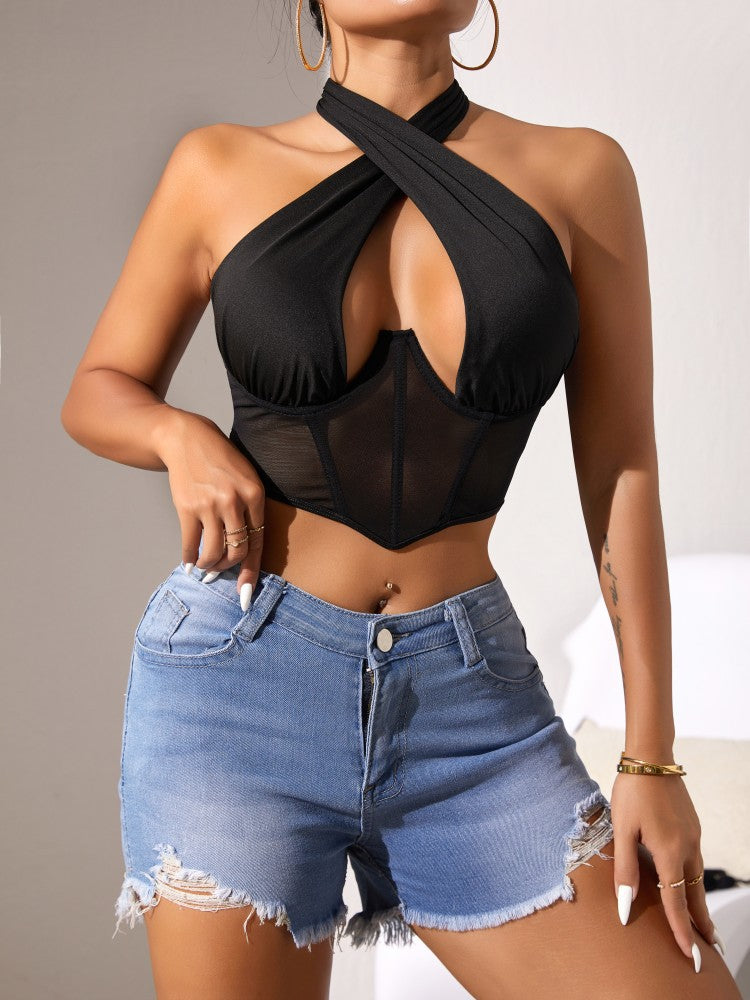 Cross-Halter Plunge Mesh Corset Crop Top