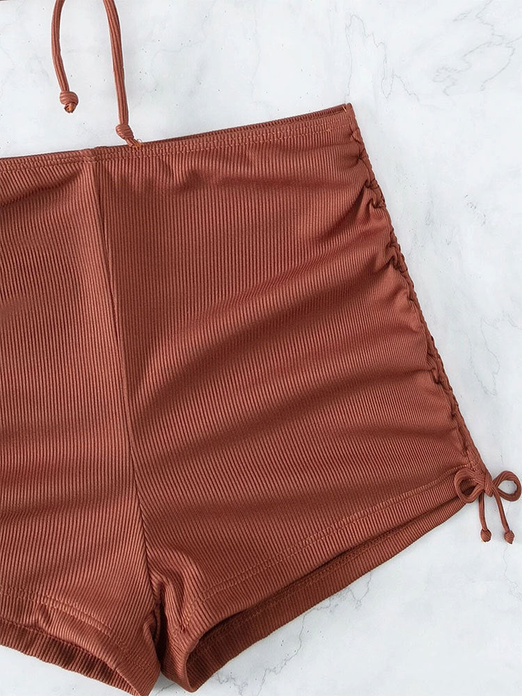 Ribbed Ring-Detail Halter Tankini & Ruched Shorts Set