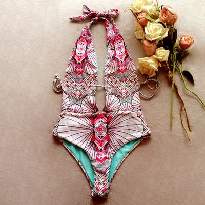 Printed Plunge Halter Cutout One-Piece Swimsuit