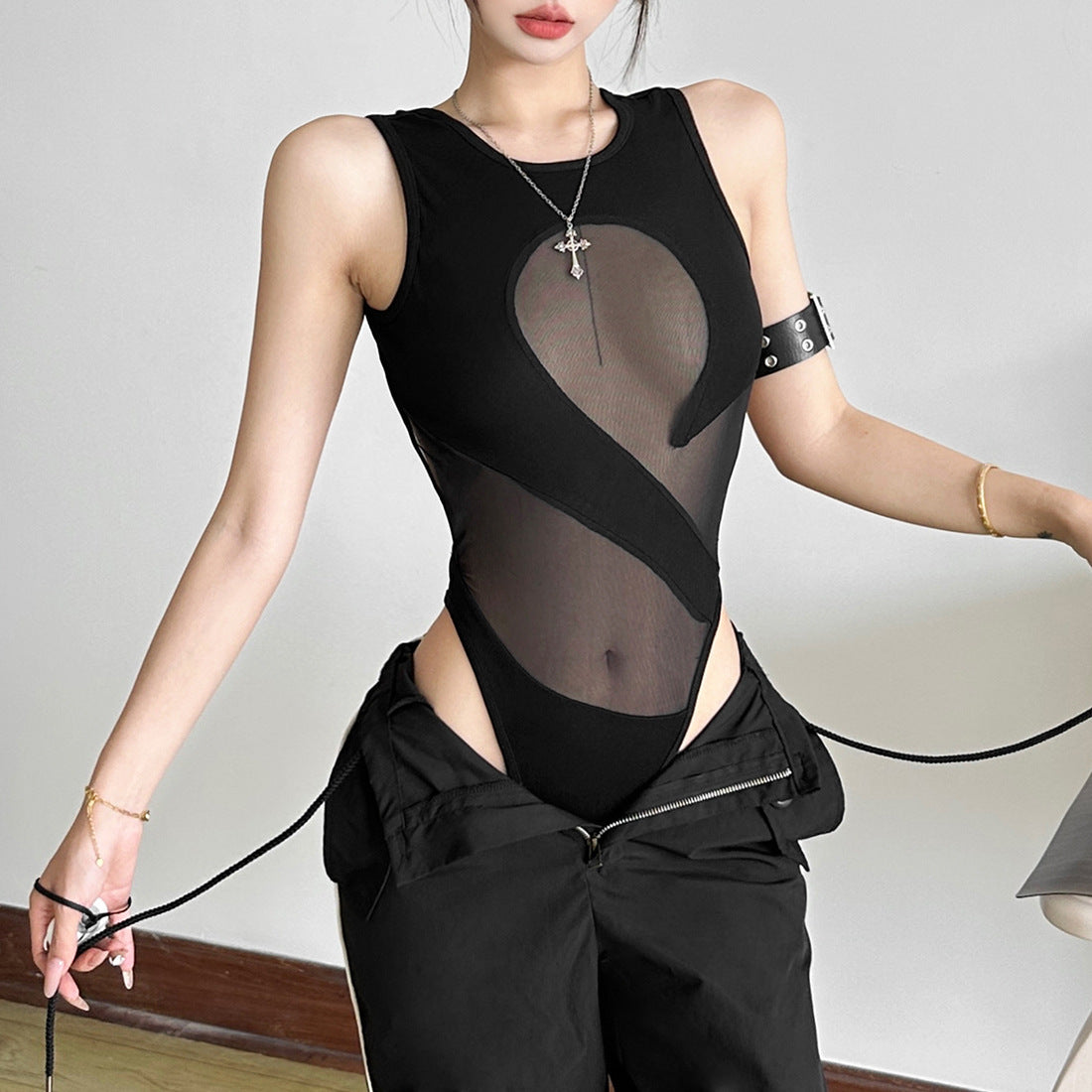 Asymmetric Sheer Mesh Cutout Bodysuit