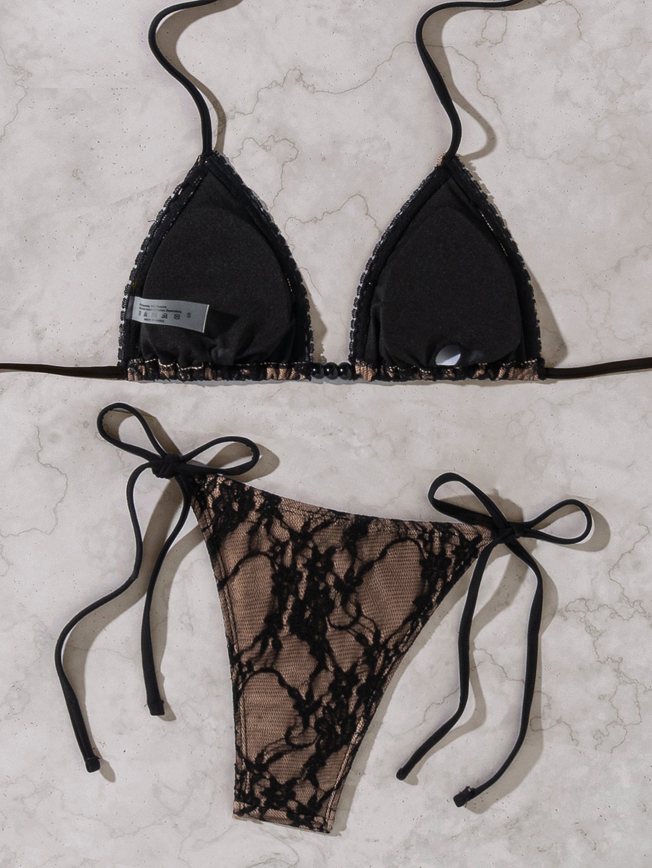 Lace Mesh Triangle Tie Side Bikini Set