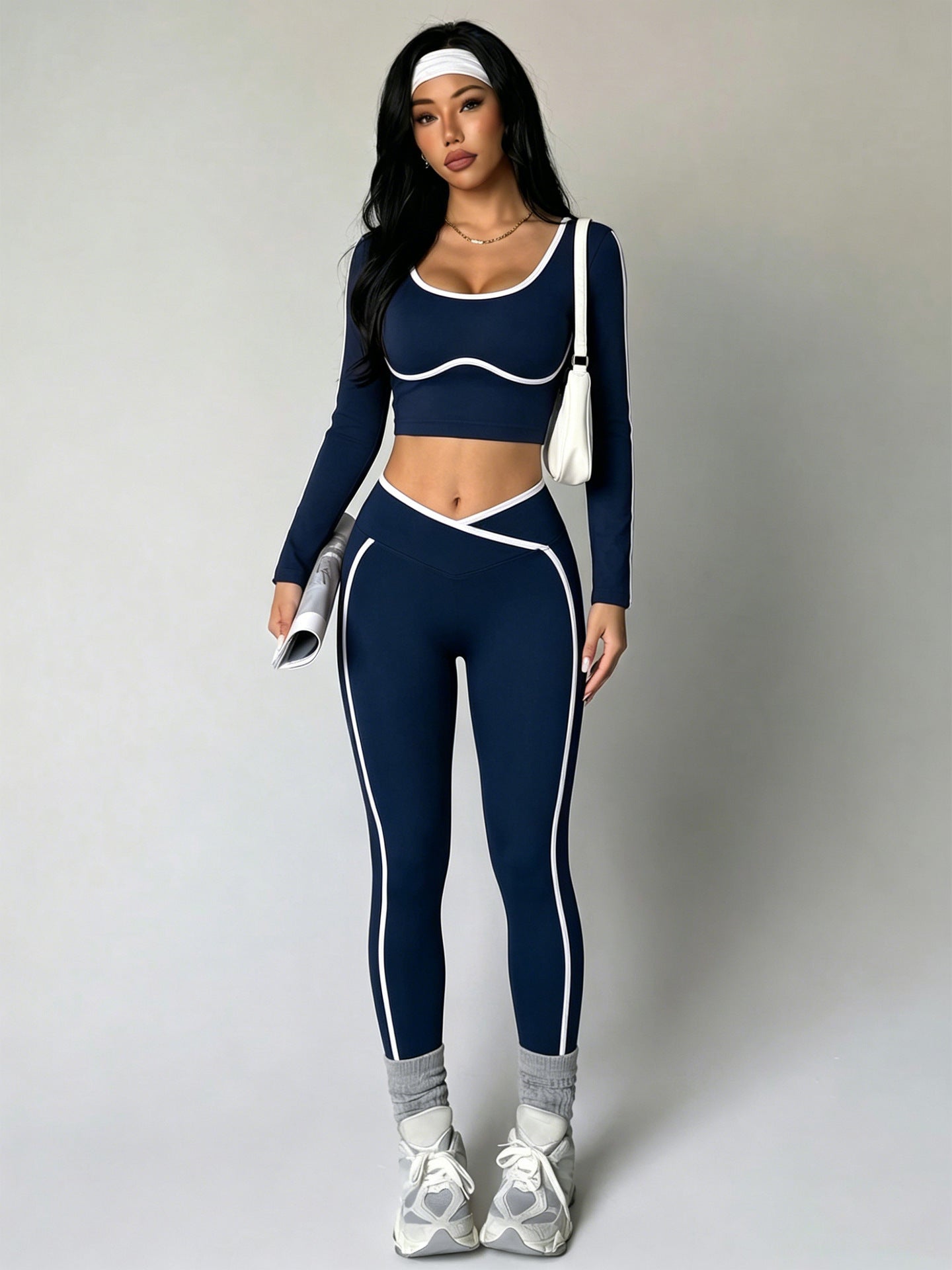 Lila Zen White-Trim Open Back Long Sleeve Yoga Set