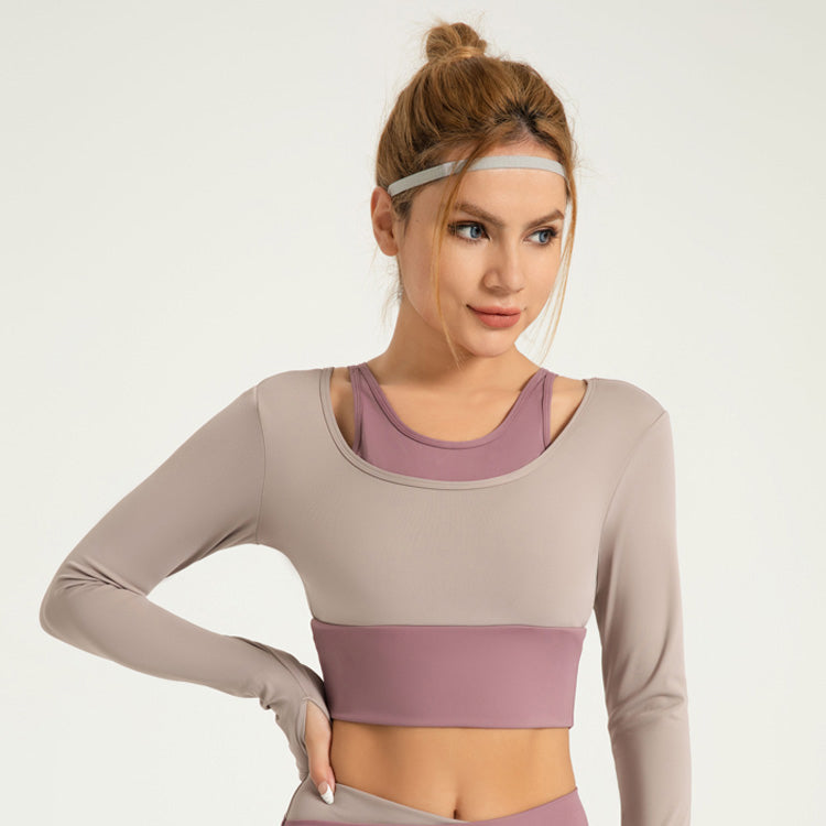 Lila Zen Shockproof Color-Blocked Faux Two-Piece Long-Sleeved Yoga Wear