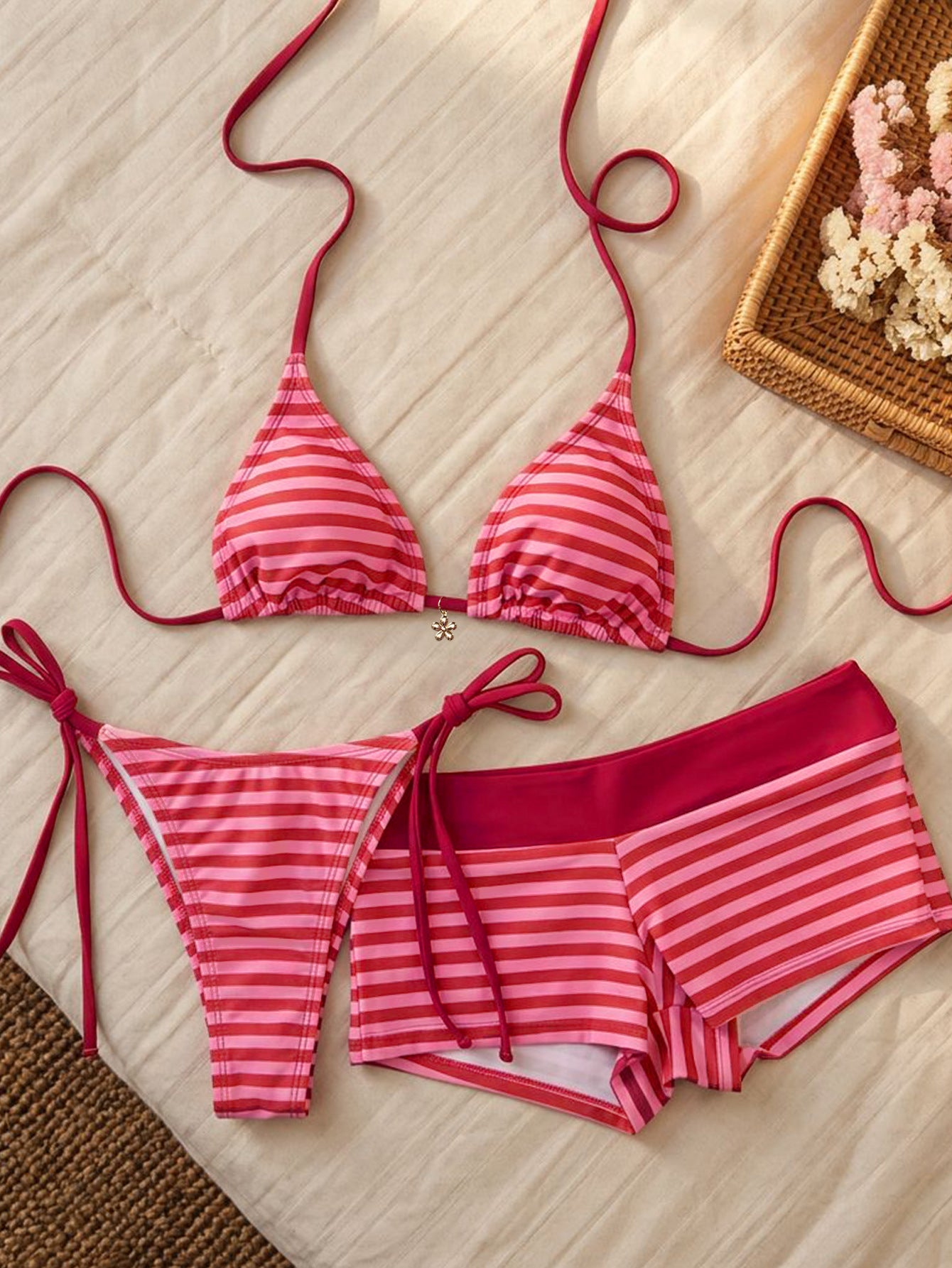 Striped Halter Bikini & Swim Shorts Set