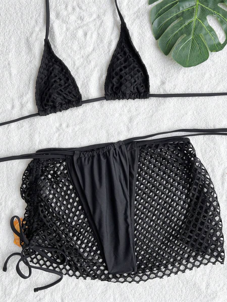 Lila Zen Crochet Triangle Bikini Set with Side-Tie Mesh Skirt