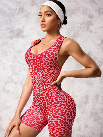 Lila Zen Red Leopard Open-Back Butt Lifting Sculpt Yoga Romper Shorts