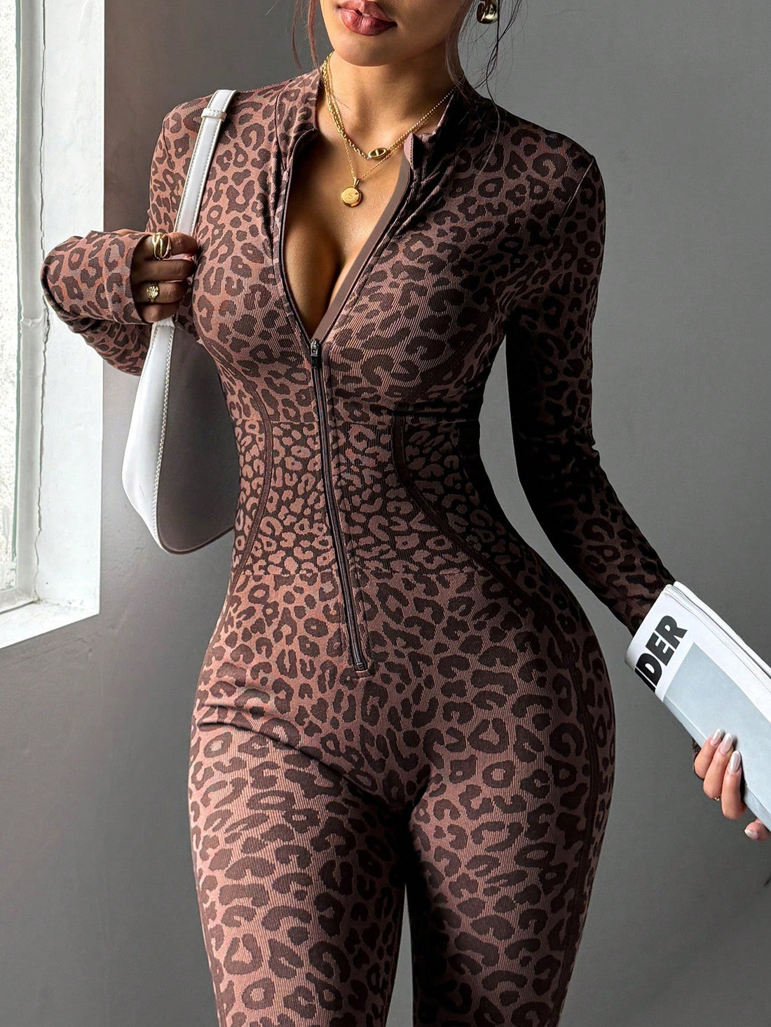 Lila Zen WildForm Leopard Zip-Front Sculpting Flared Jumpsuit