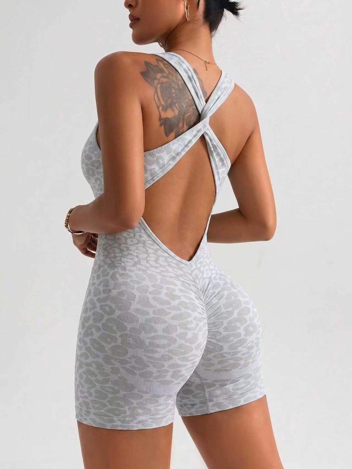 Leopard Print Crisscross Back Sculpt Romper