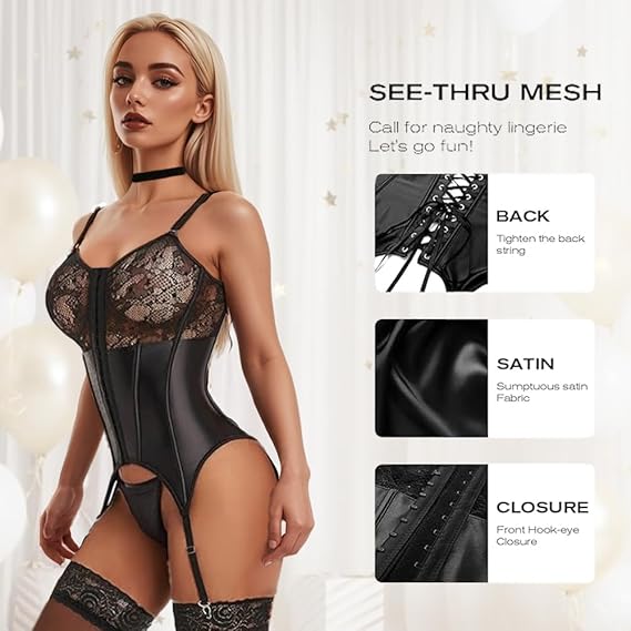 Lila Zen Adjustable Sexy Lace Patent Leather Camisole Lingerie Set
