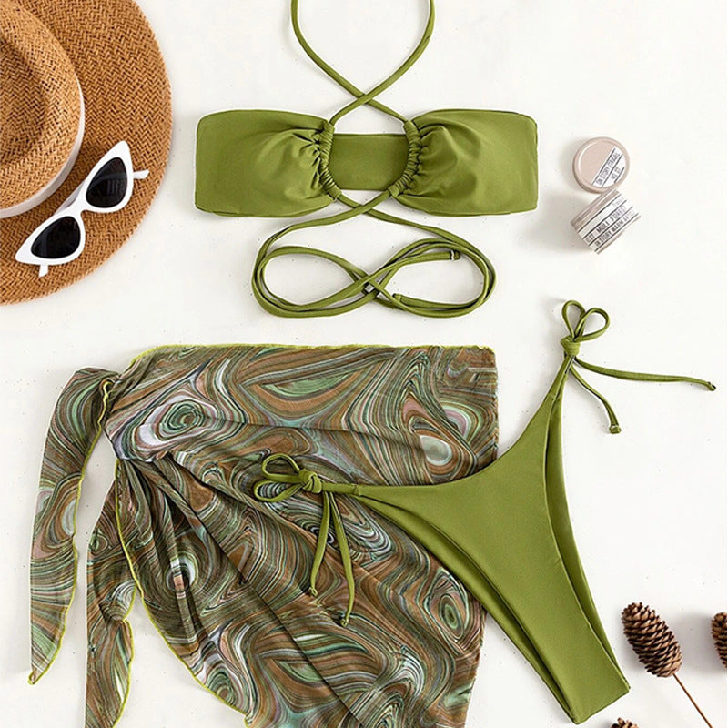 Wrap-Strap Bandeau Bikini Set with Printed Sarong Skirt