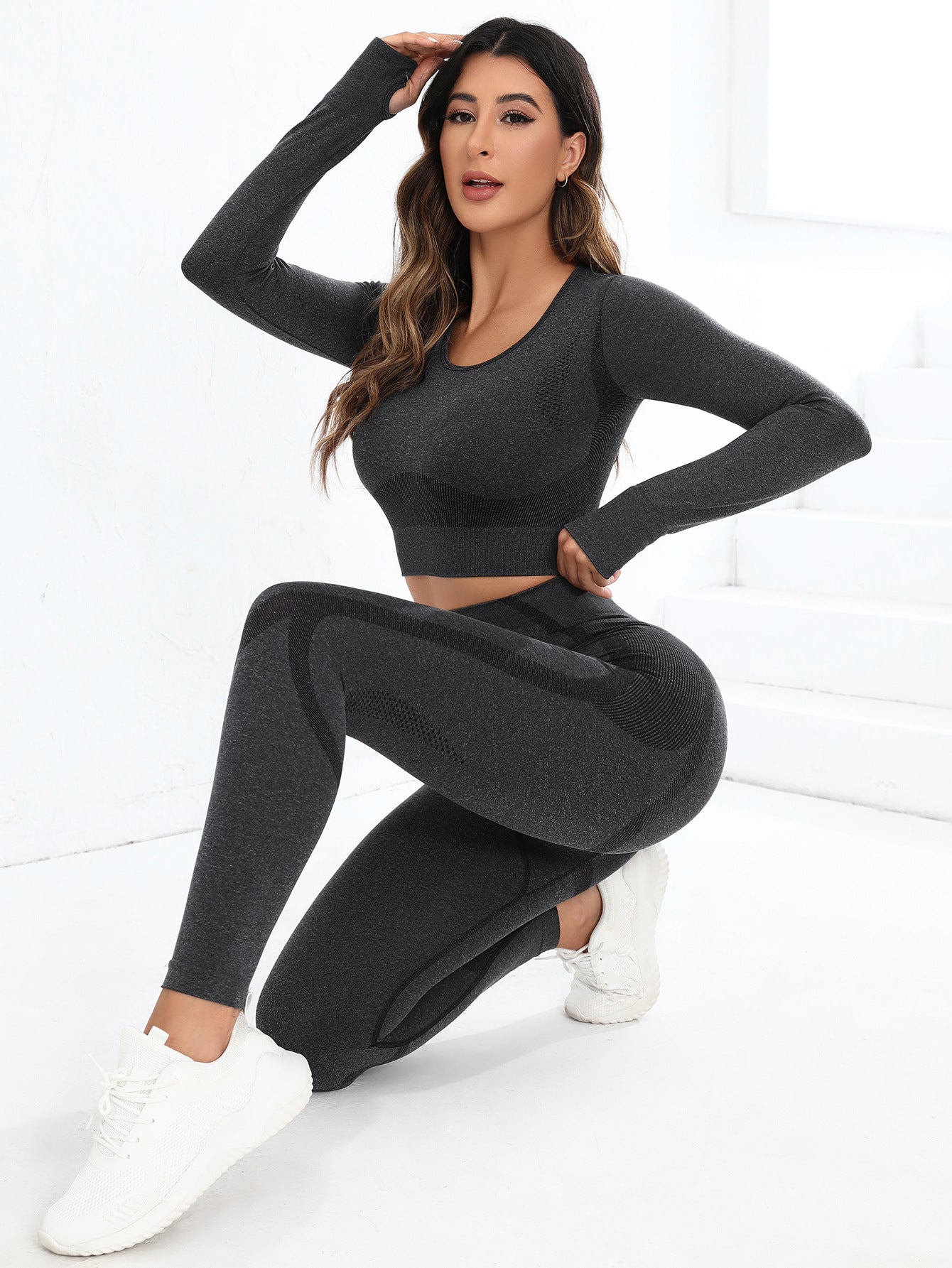Lila Zen Seamless 3D Sculpt Long Sleeve Crop Top & High-Waisted Leggings Set