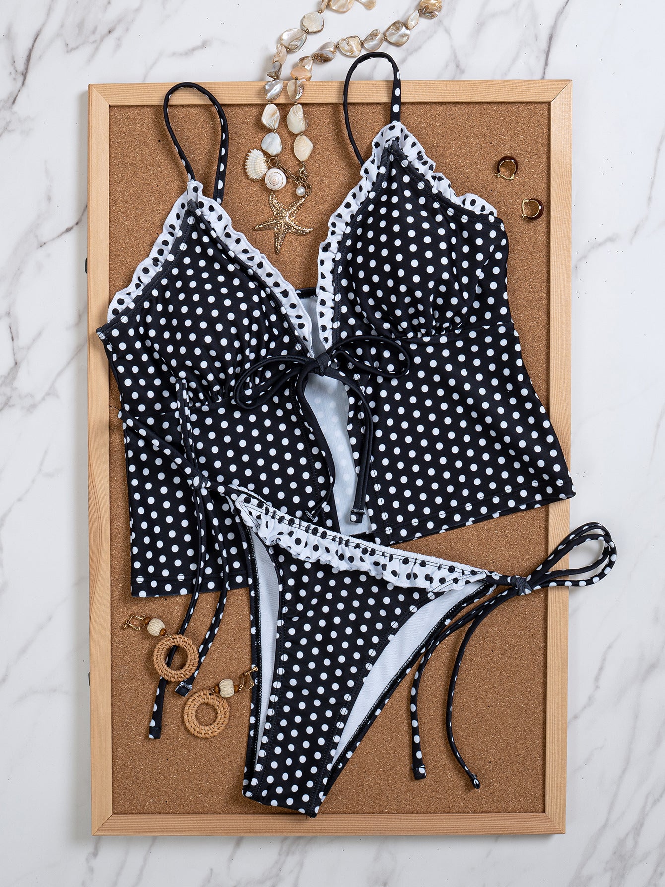 Polka Dot Ruffle Tie-Front Tankini Set