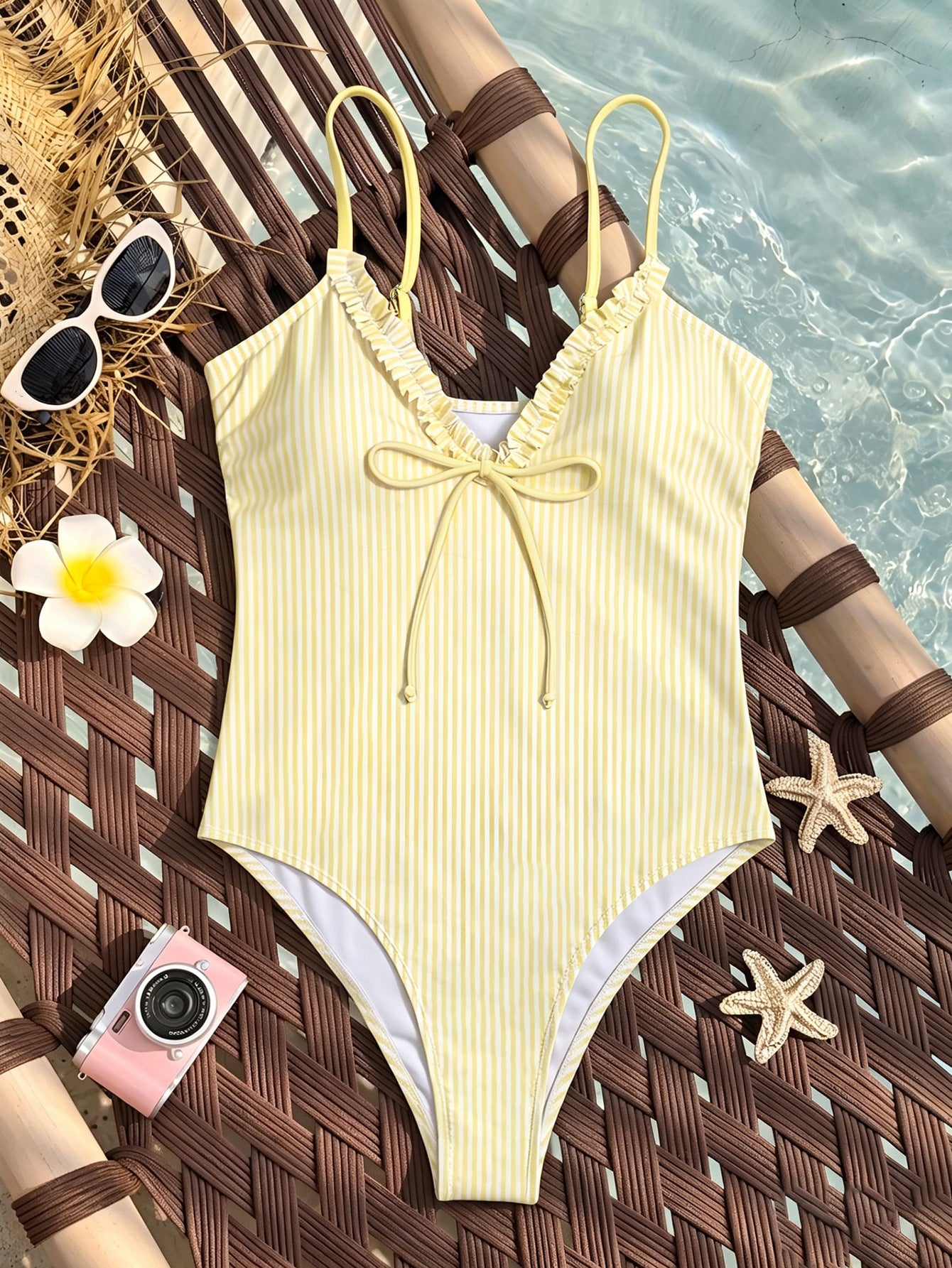 Ruffle Trim Tie-Front One-Piece Swimsuit