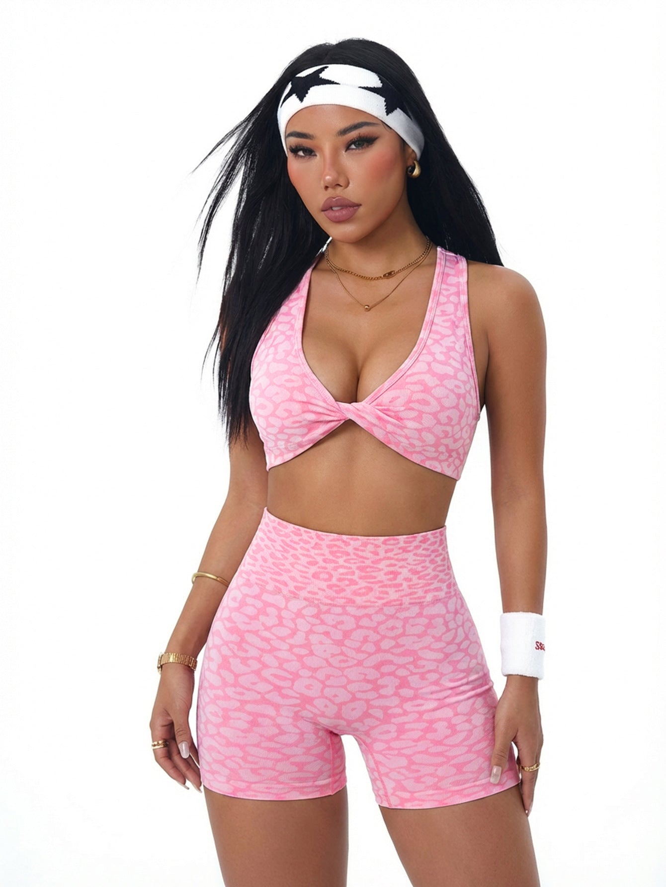 Lila Zen Leopard Twist-Front Crossback Sports Bra & High-Waisted Shorts Set