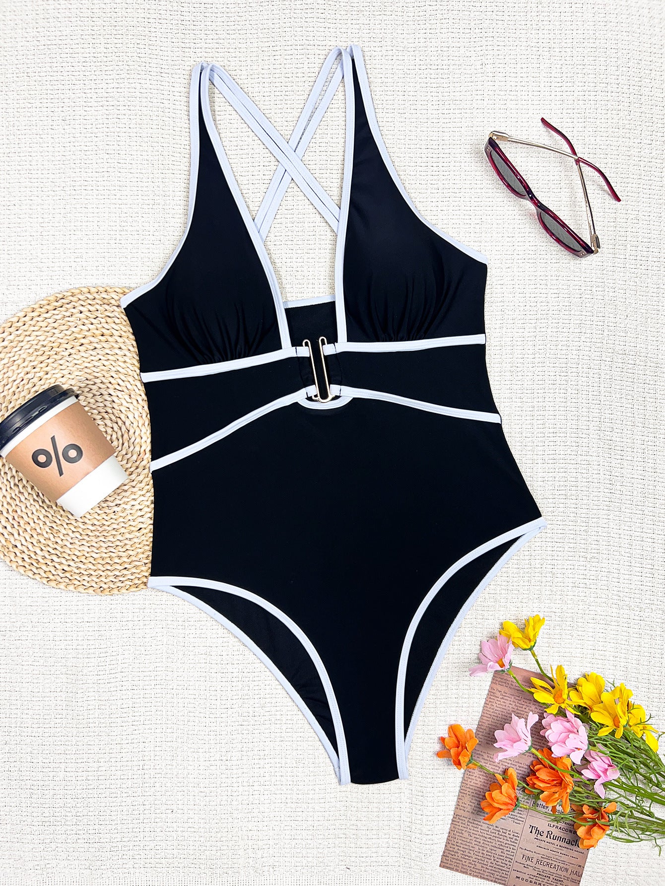 Lila Zen Contrast Trim Plunge U-Ring One-Piece Swimsuit