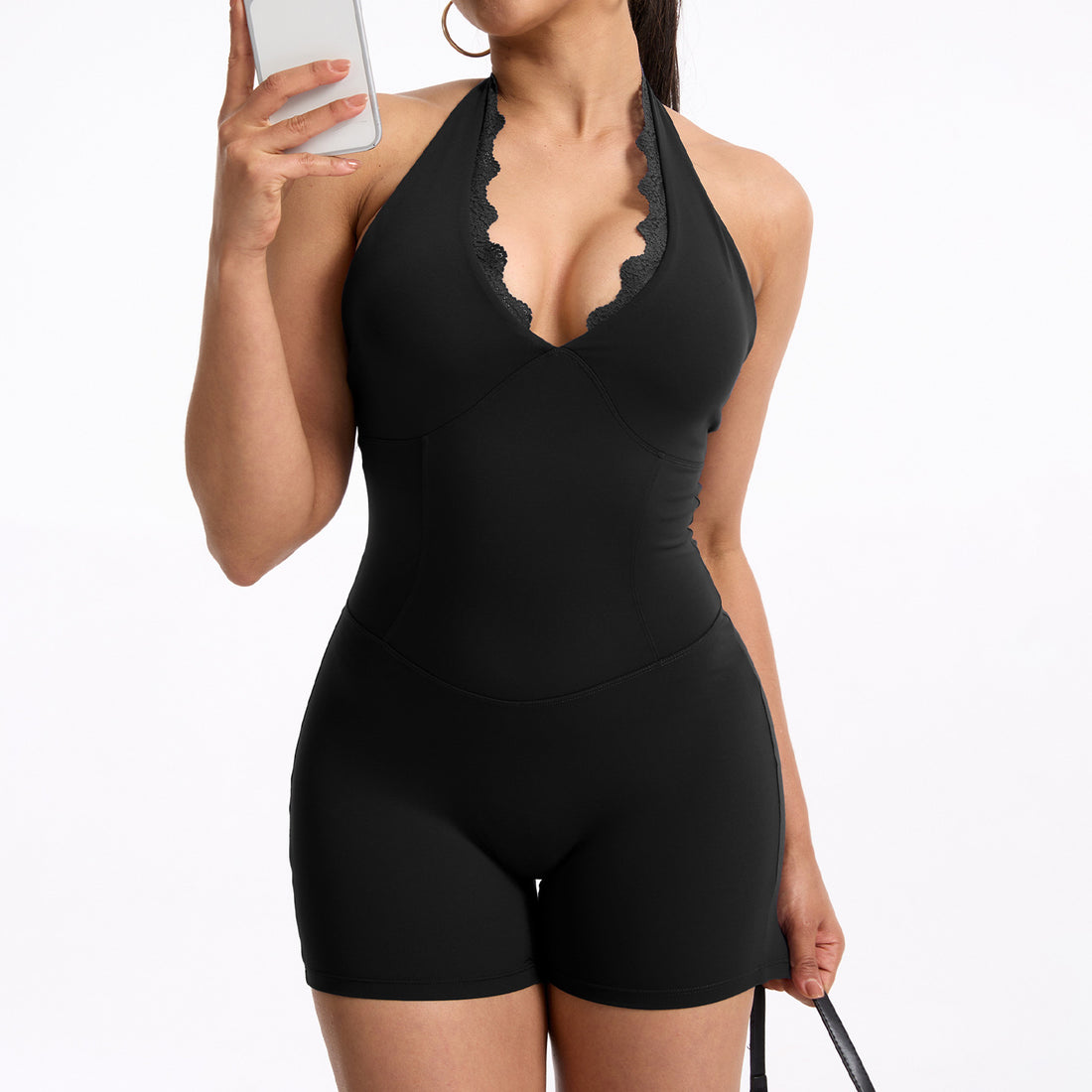 Lila Zen Lace-Trim Halter Open-Back Sculpt Romper