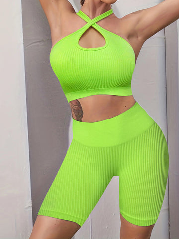 Lila Zen Halter Crisscross Sports Bra & High-Waist Biker Shorts Yoga Set