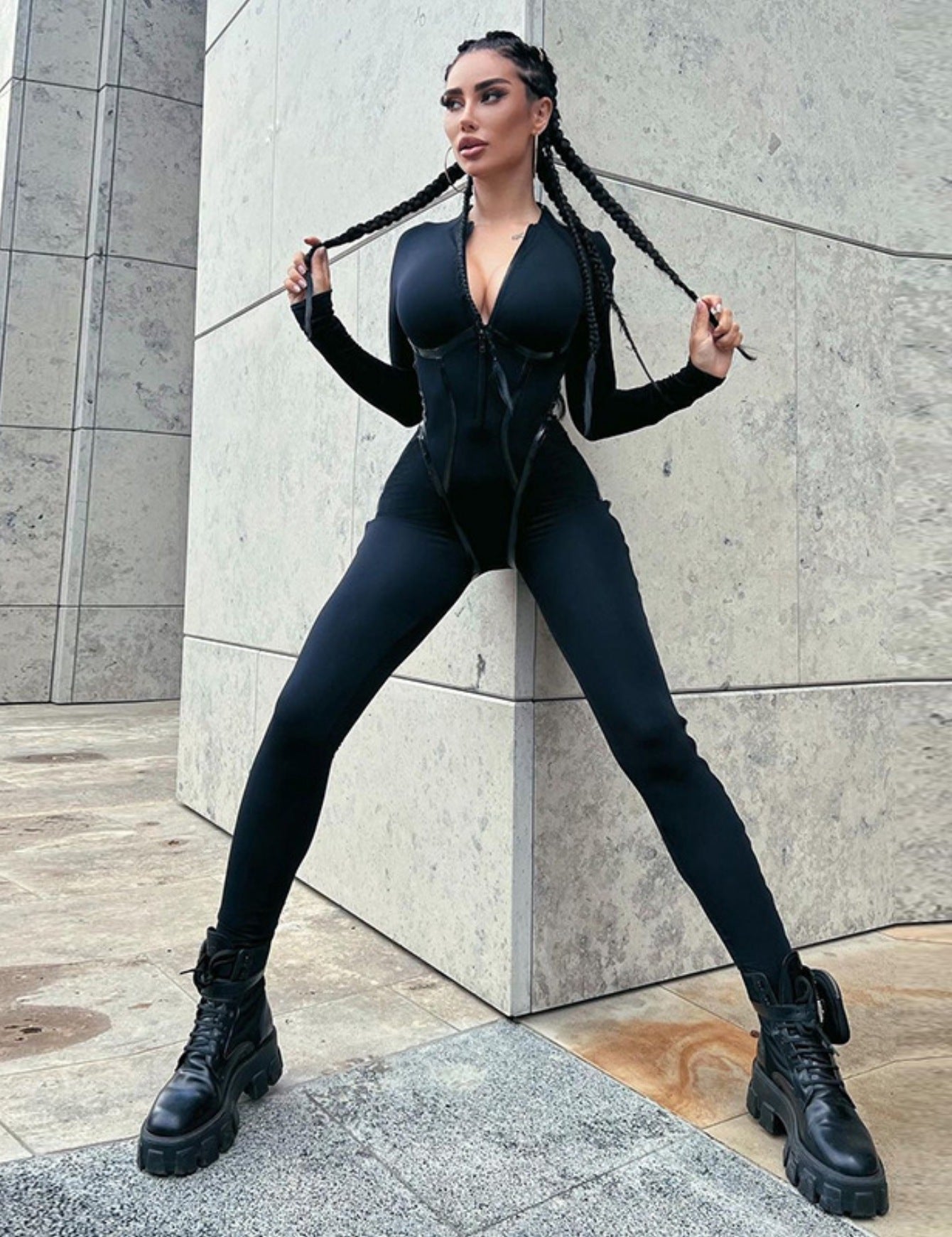 Zip-Up Contour Seam Active Jumpsuit