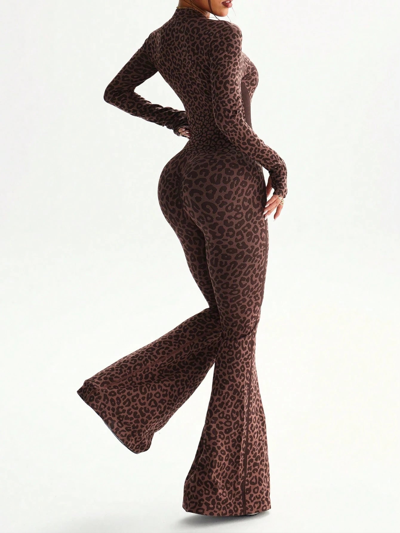 Lila Zen WildForm Leopard Zip-Front Sculpting Flared Jumpsuit