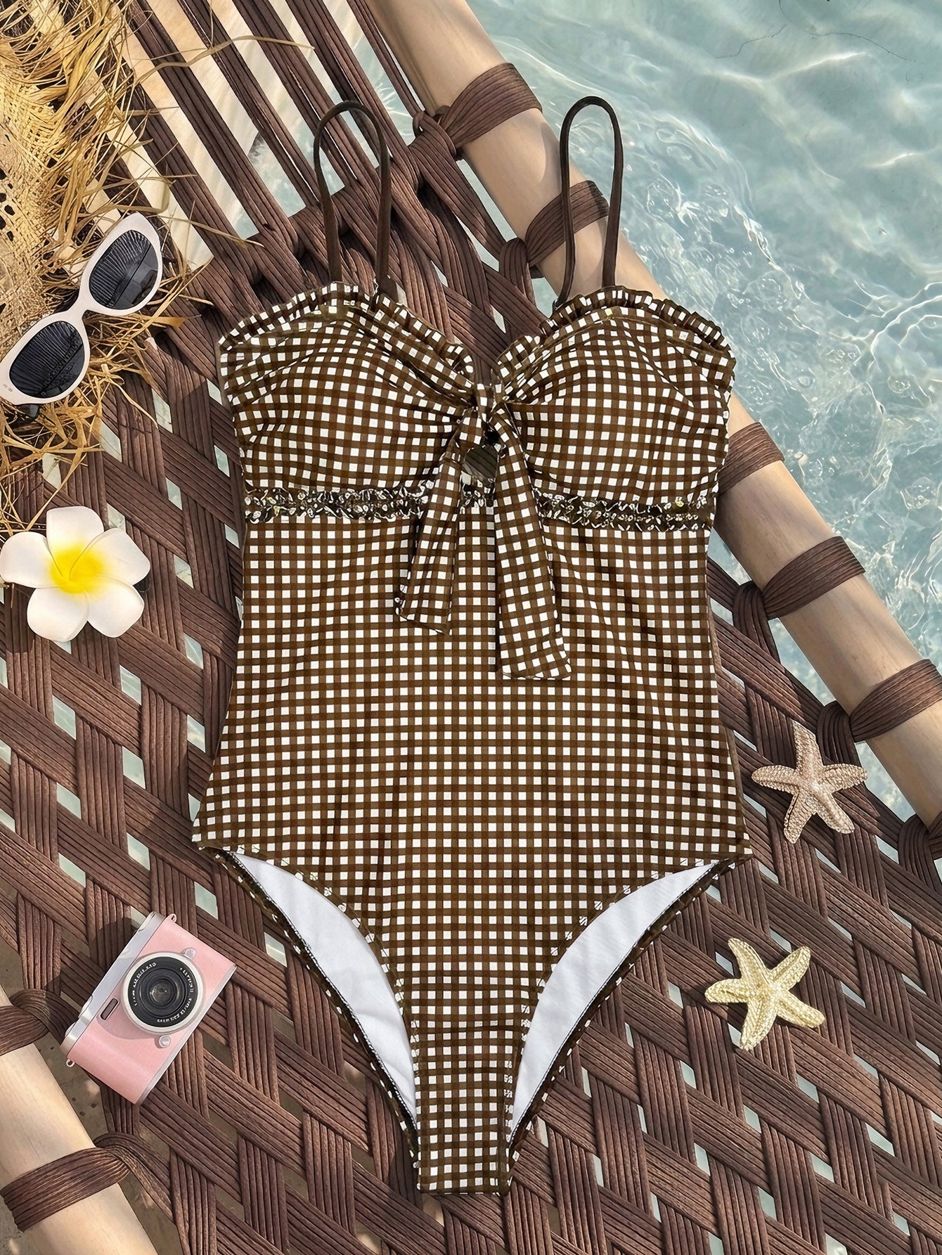Gingham Ruffle Bow One-Piece Swimsuit