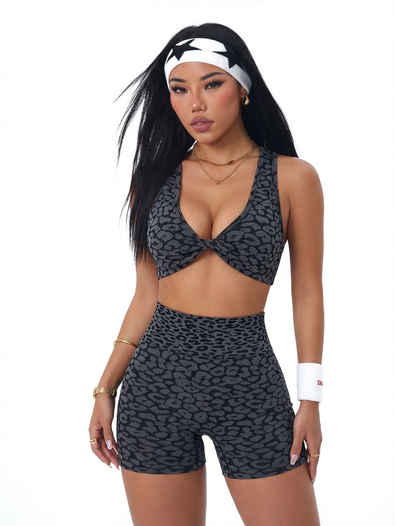 Lila Zen Leopard Twist-Front Crossback Sports Bra & High-Waisted Shorts Set