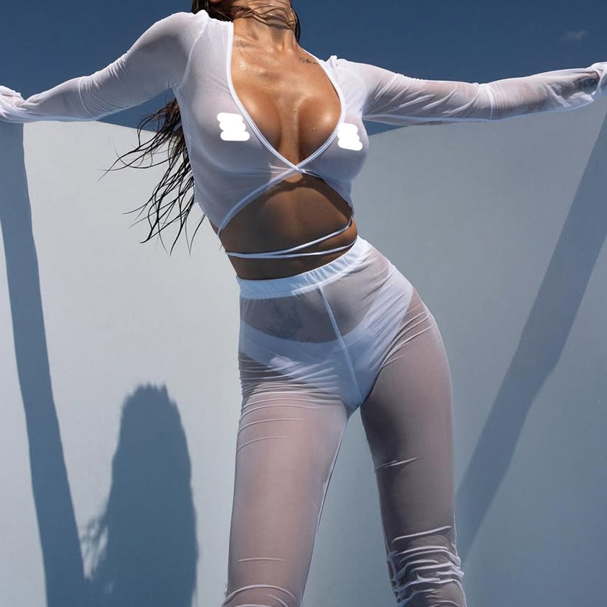 Sheer Mesh Wrap Crop Top & Pants Set