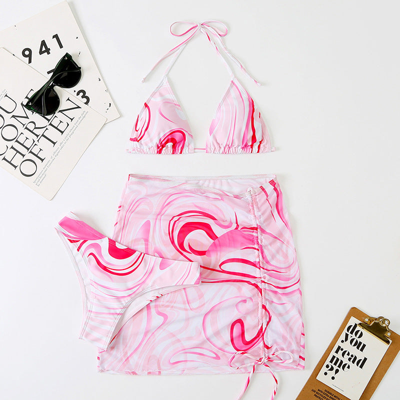 Swirl-Print Triangle Bikini & Ruched Mesh Skirt Set