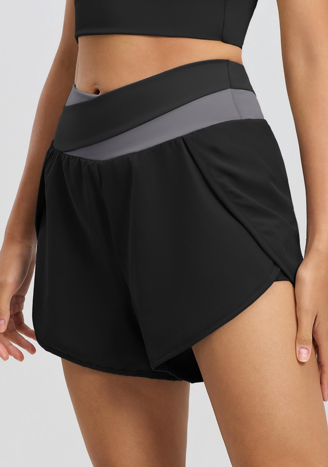 Lila Zen Women's Crossover High-Waisted Color-Blocked Faux Two-Piece Yoga Shorts